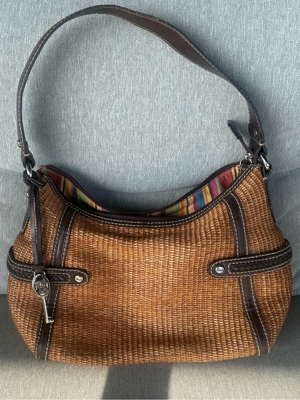 Vintage Fossil Straw Woven Hobo Shoulder Bag Brown Leather Trim Striped Lining